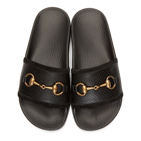 Gucci: Black Horsebit Pursuit Slides 